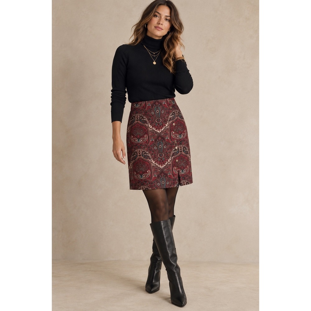 Talbots Petites Red Purple Paisley Side Button A-Line Skirt Size 12P